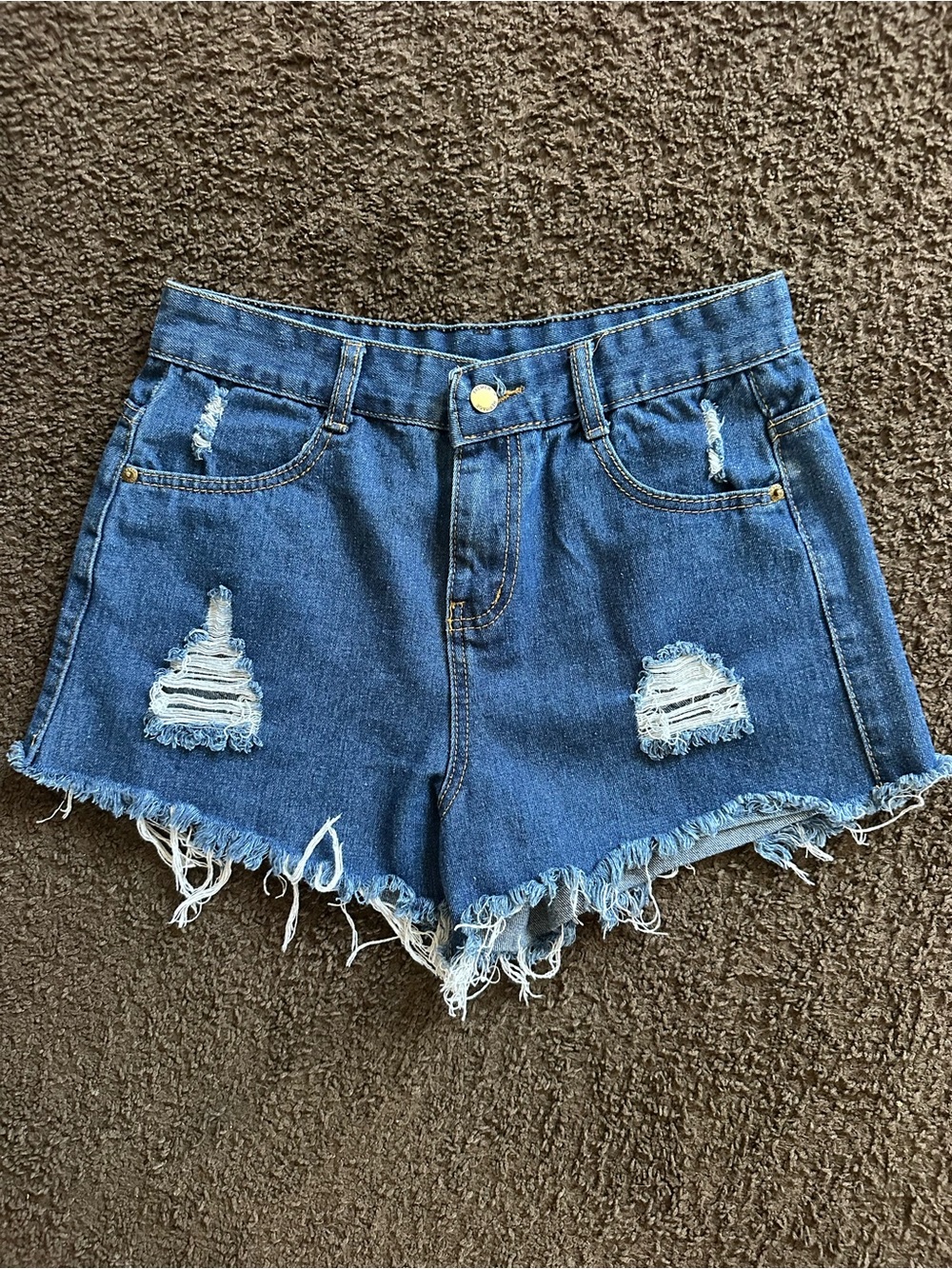 High-Rise Distressed Denim Shorts - Dark Blue